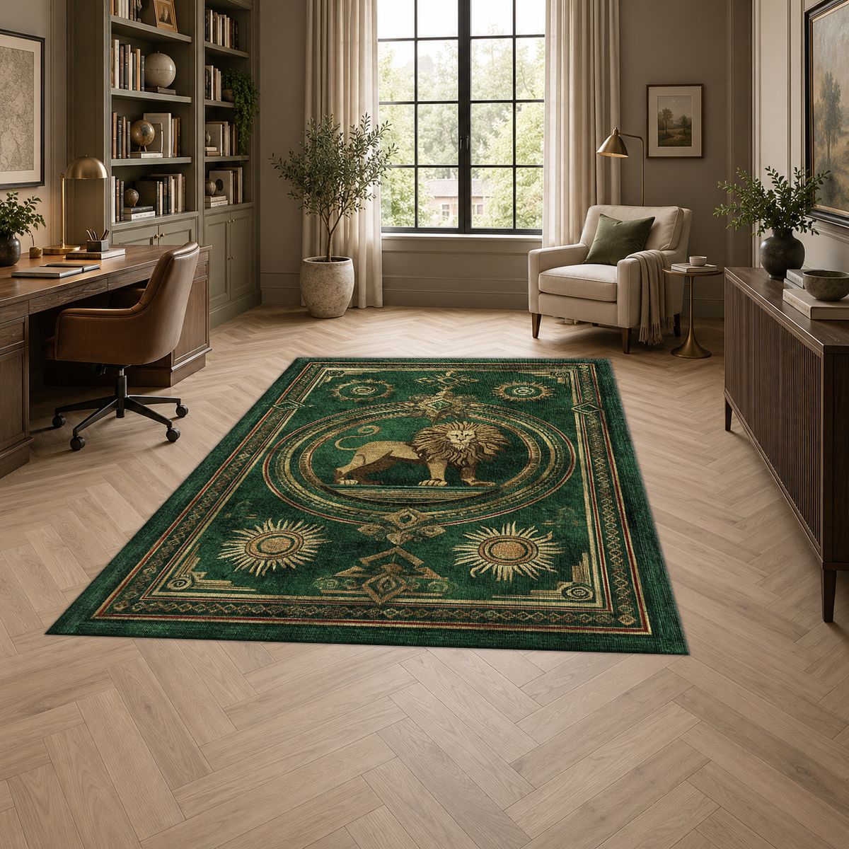 Emerald Lion Crest Medallion printed area rug