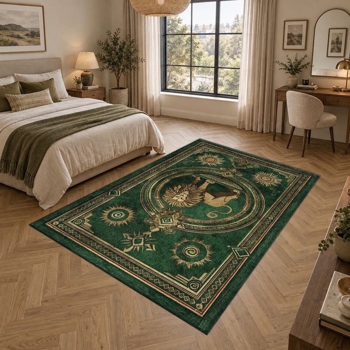 Emerald Lion Crest Medallion printed area rug