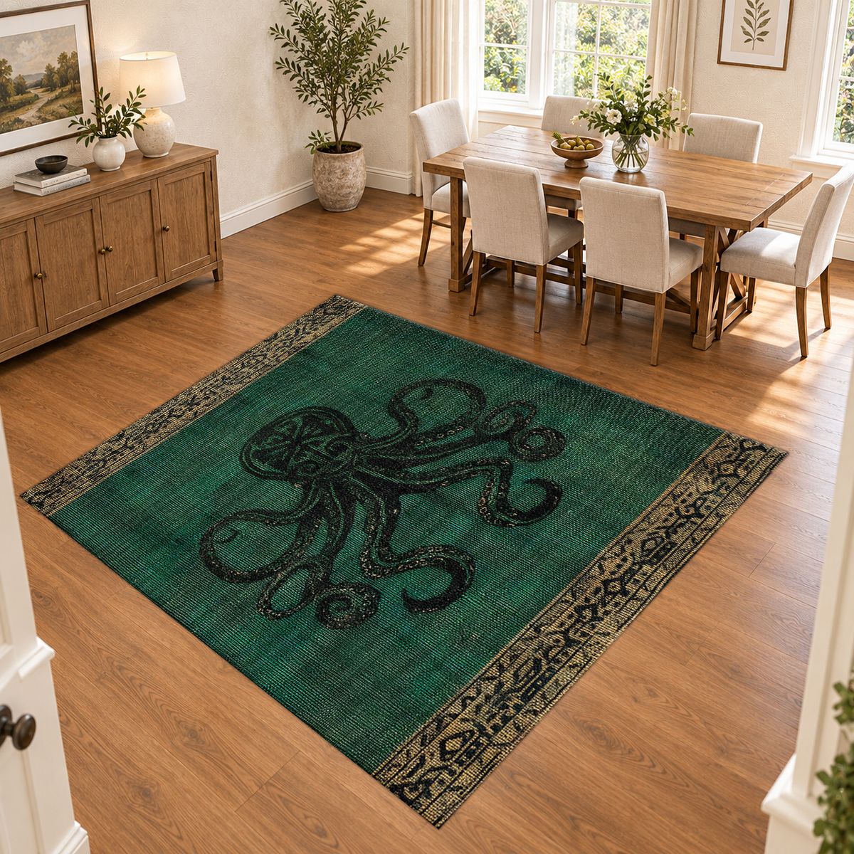 Emerald Octopus Vintage printed area rug