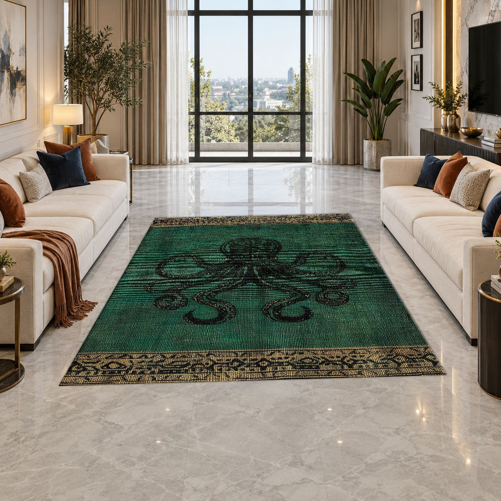 Emerald Octopus Vintage printed area rug