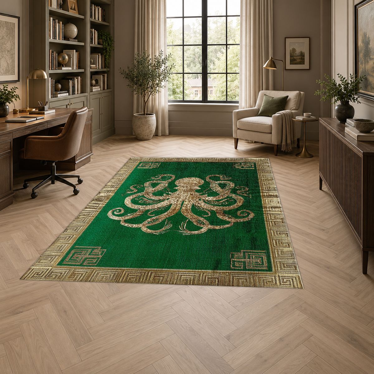 Green and Cream Octopus Border printed area rug