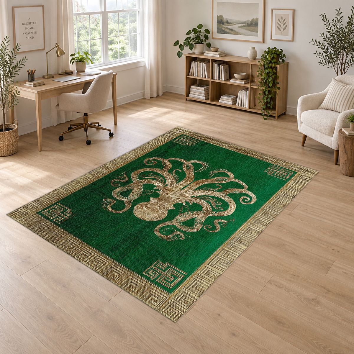 Green and Cream Octopus Border printed area rug