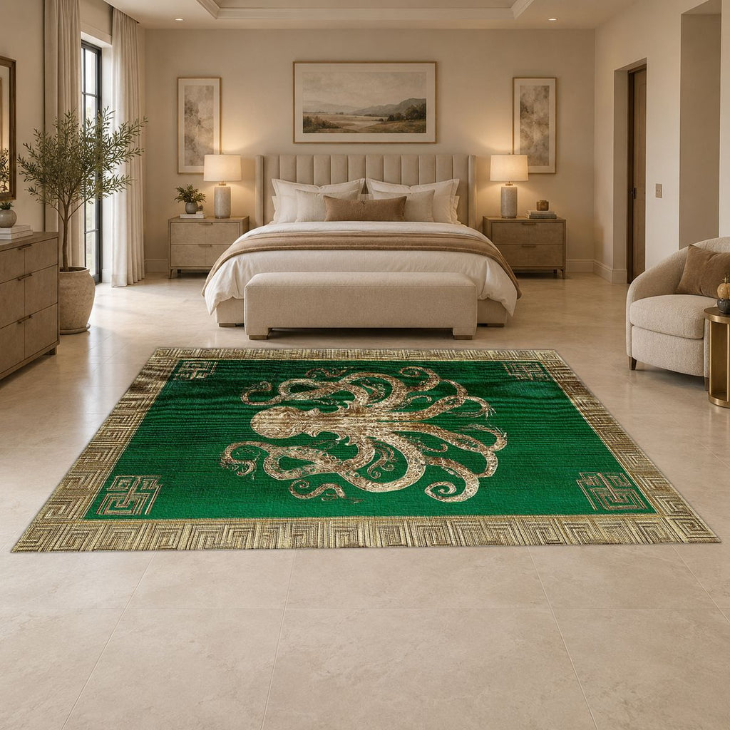 Green and Cream Octopus Border printed area rug