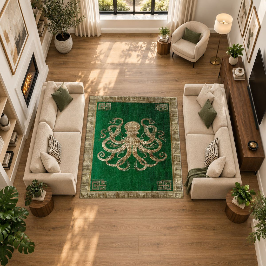 Green and Cream Octopus Border printed area rug