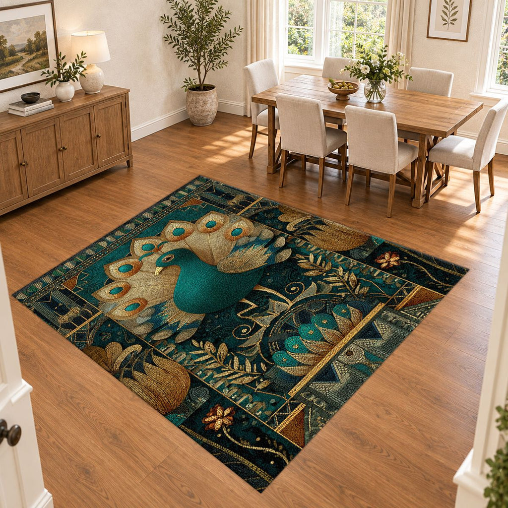 Teal Peacock Art Deco printed area rug