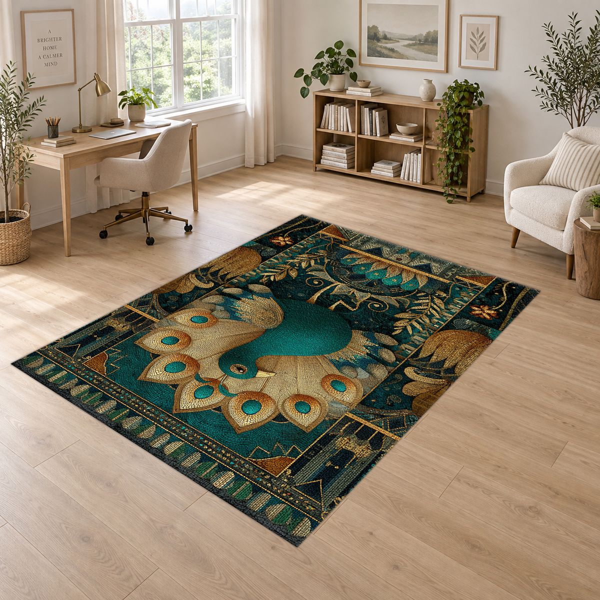 Teal Peacock Art Deco printed area rug