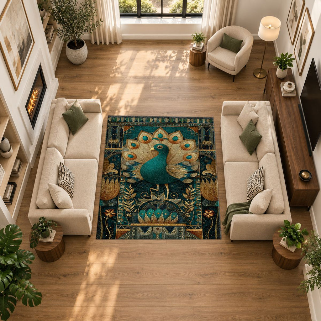 Teal Peacock Art Deco printed area rug