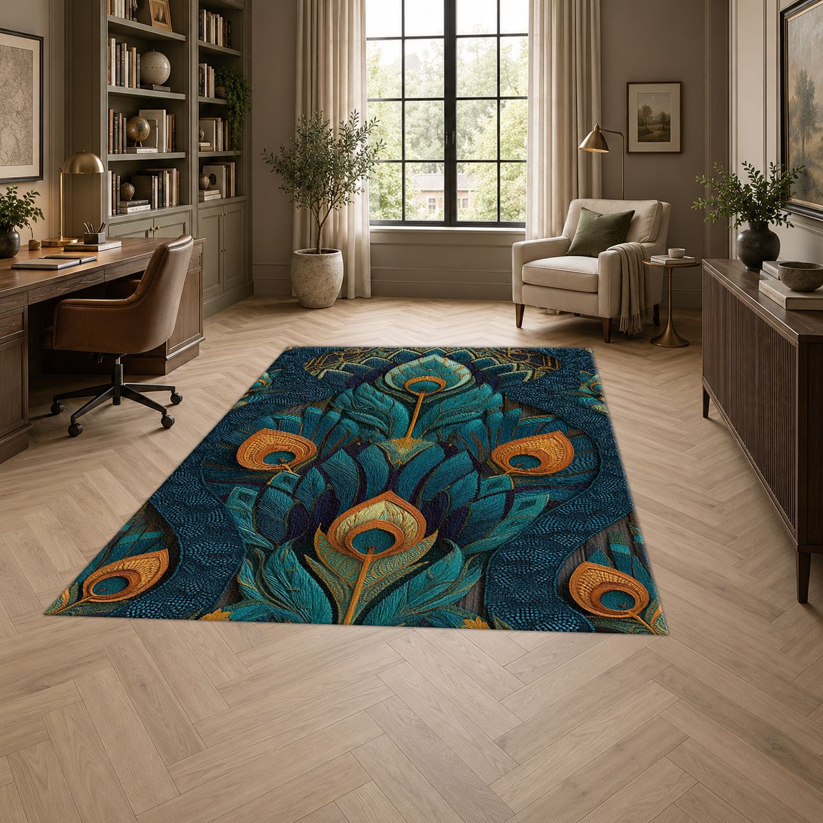 Peacock Feather Art Nouveau printed area rug