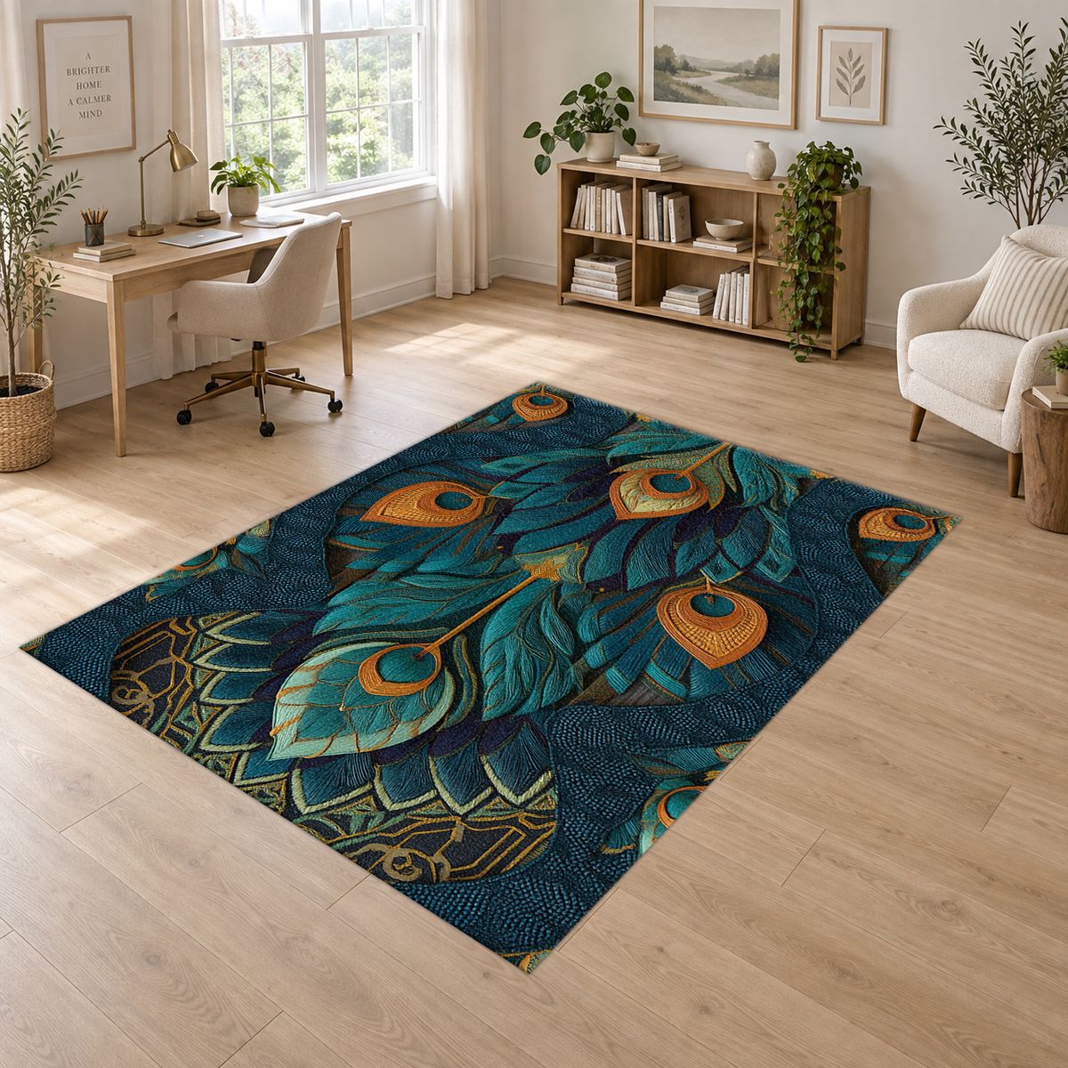 Peacock Feather Art Nouveau printed area rug