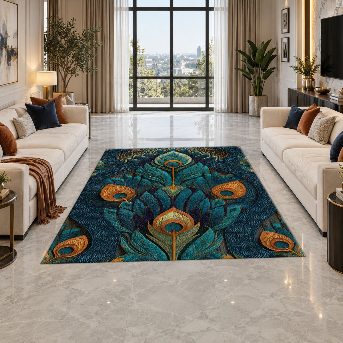 Peacock Feather Art Nouveau printed area rug
