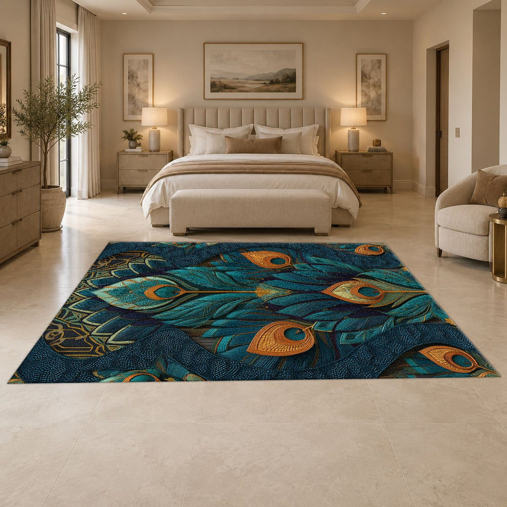Peacock Feather Art Nouveau printed area rug