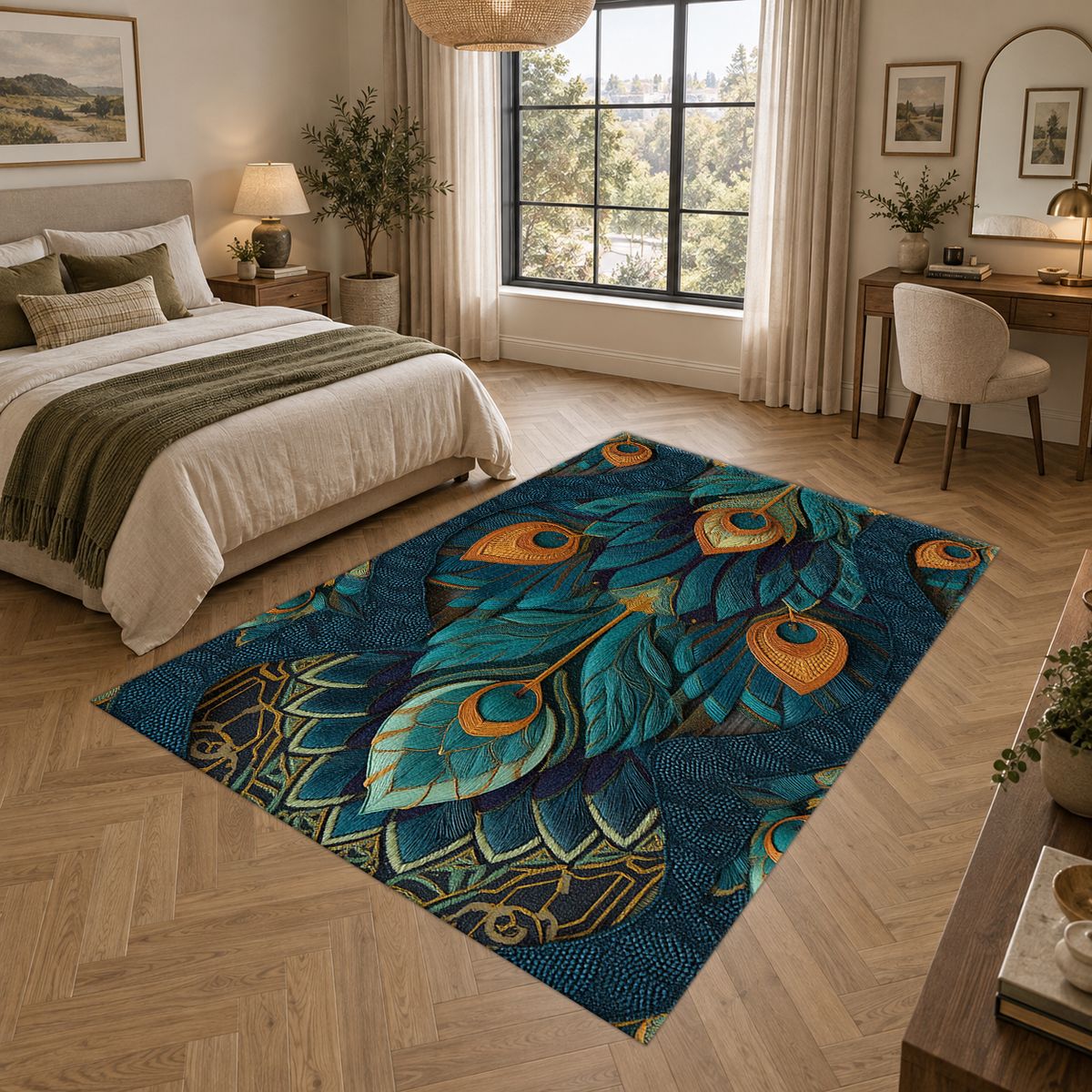 Peacock Feather Art Nouveau printed area rug