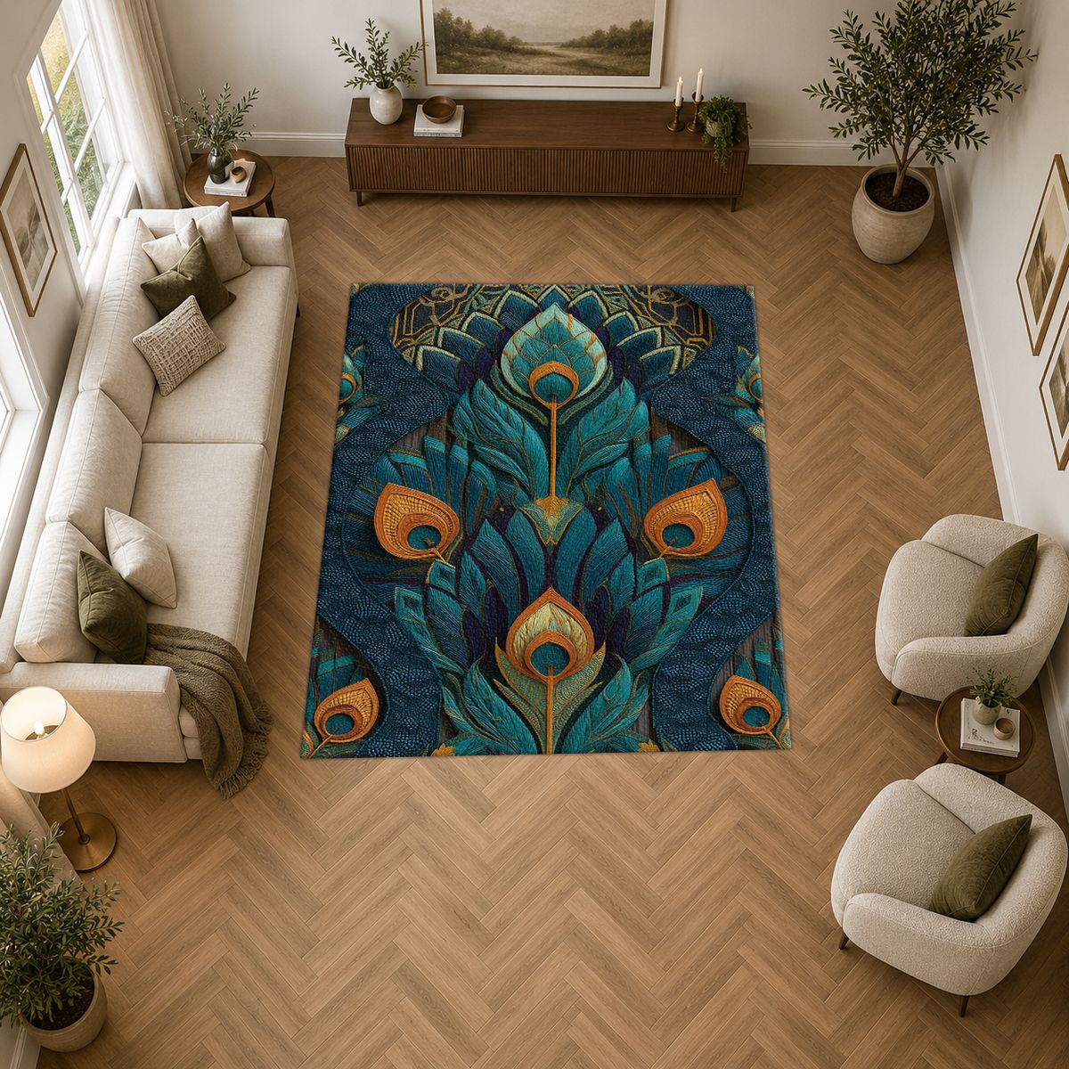 Peacock Feather Art Nouveau printed area rug