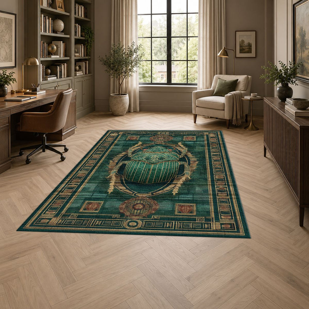 Teal Scarab Egyptian Border printed area rug
