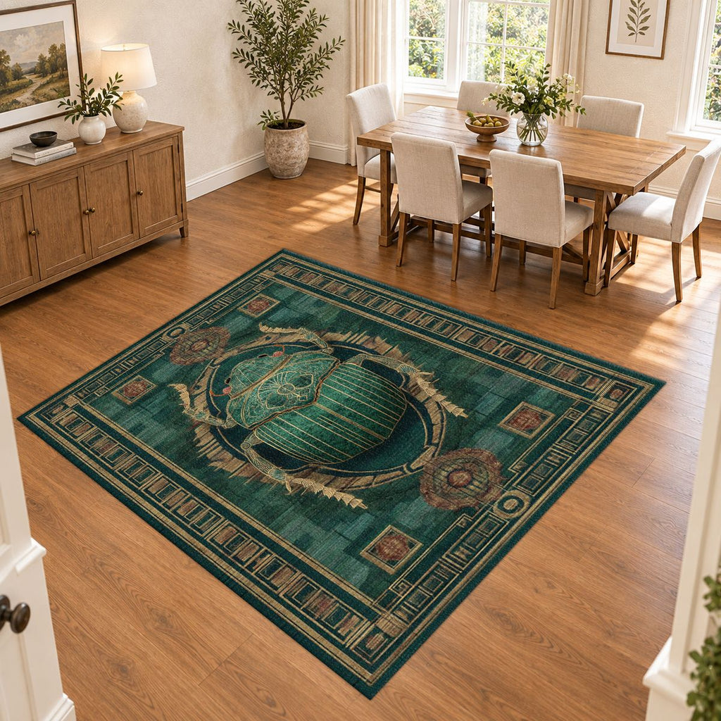Teal Scarab Egyptian Border printed area rug