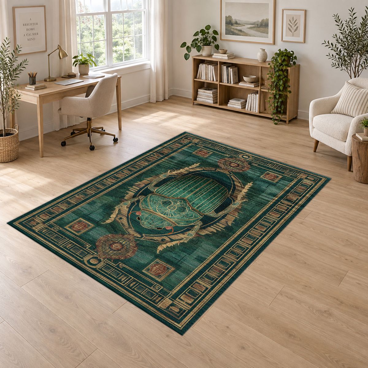 Teal Scarab Egyptian Border printed area rug
