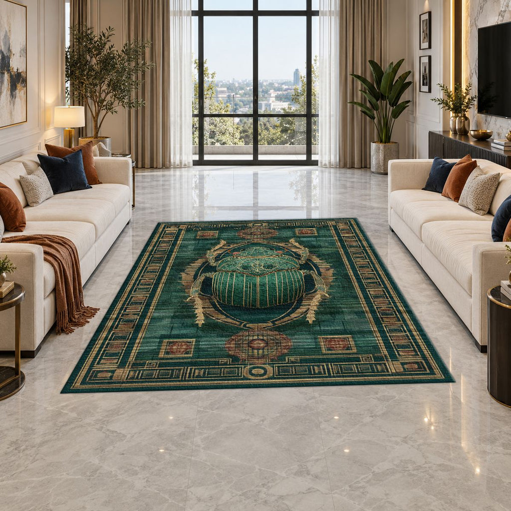 Teal Scarab Egyptian Border printed area rug