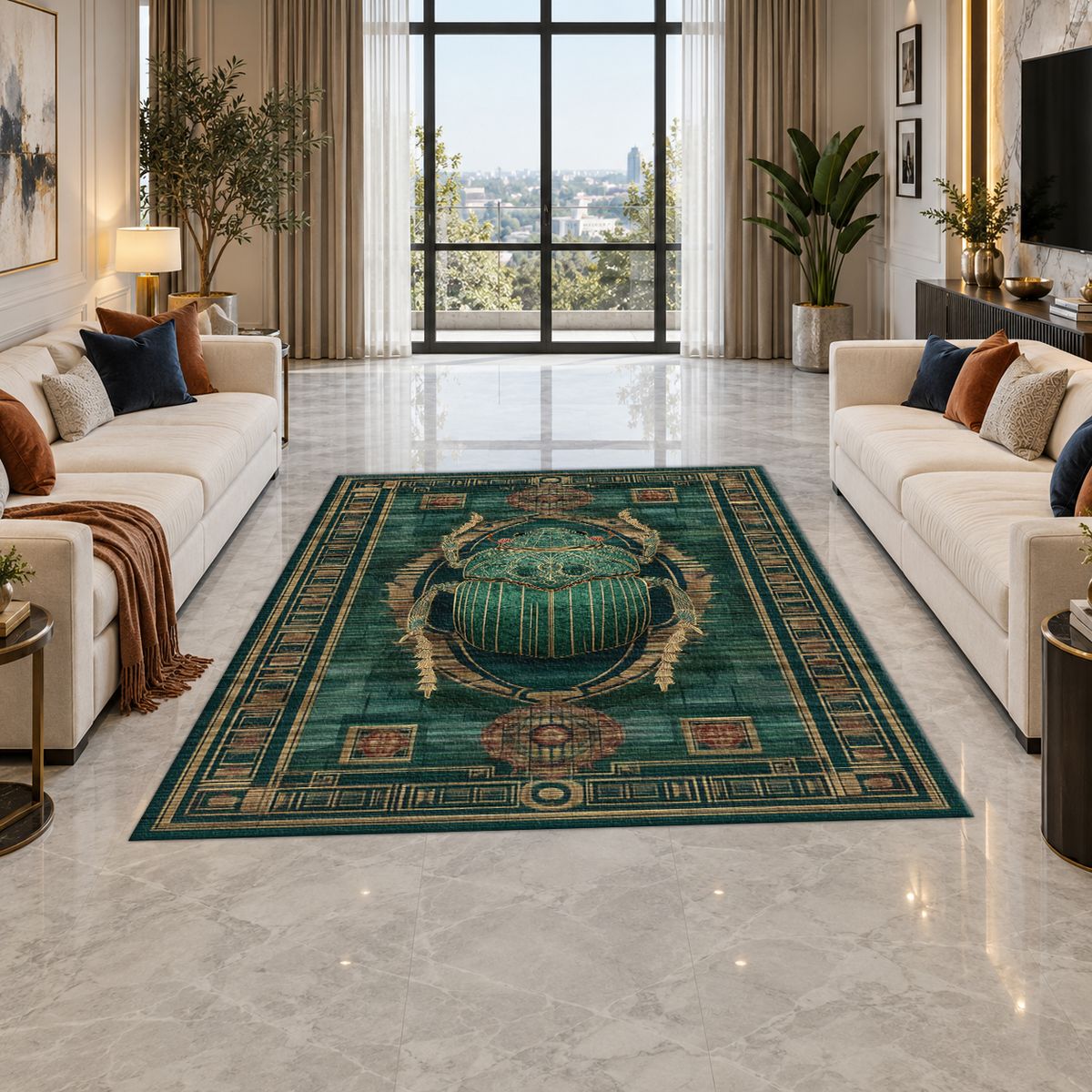 Teal Scarab Egyptian Border printed area rug