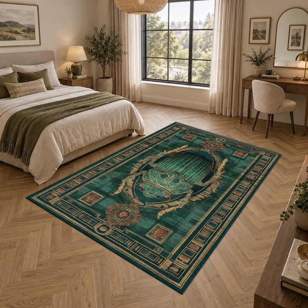 Teal Scarab Egyptian Border printed area rug