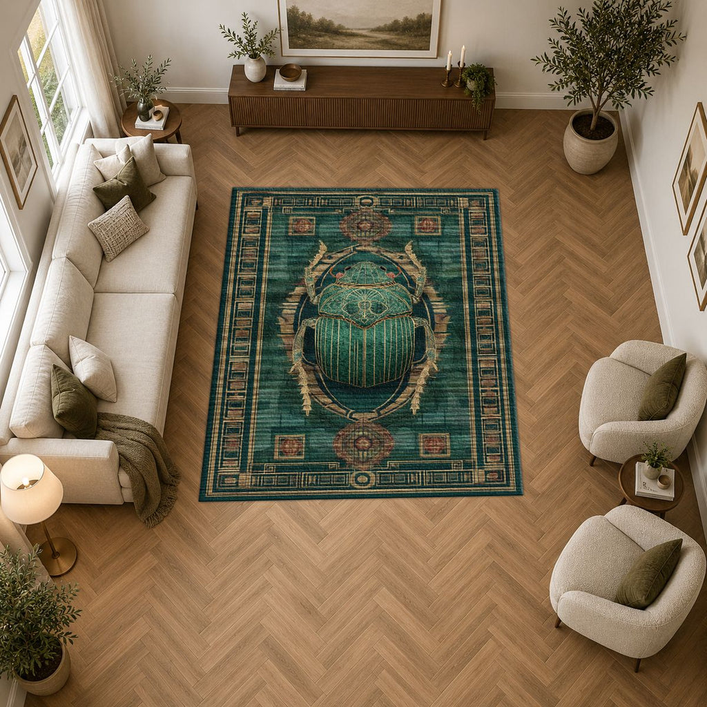 Teal Scarab Egyptian Border printed area rug