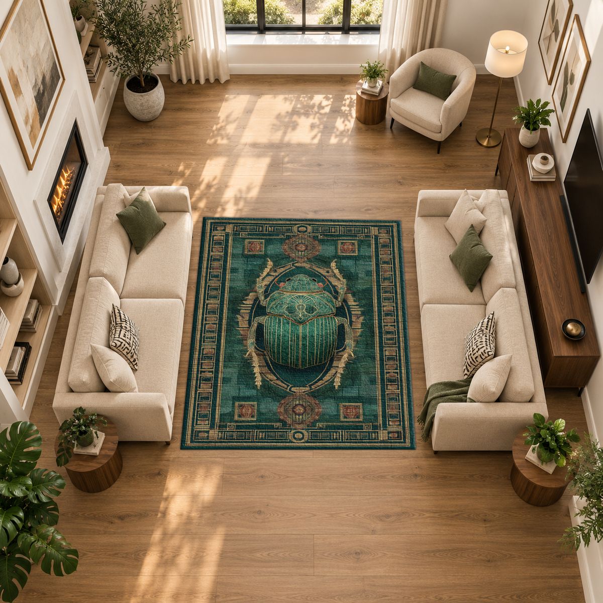 Teal Scarab Egyptian Border printed area rug