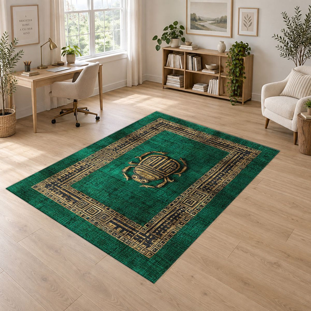 Emerald Scarab Minimalist Greek Key printed area rug