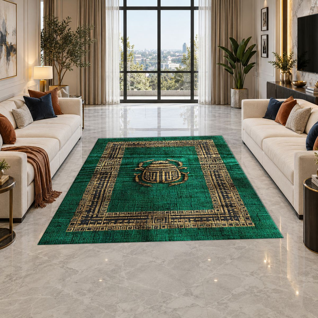 Emerald Scarab Minimalist Greek Key printed area rug