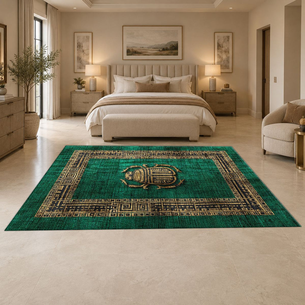 Emerald Scarab Minimalist Greek Key printed area rug