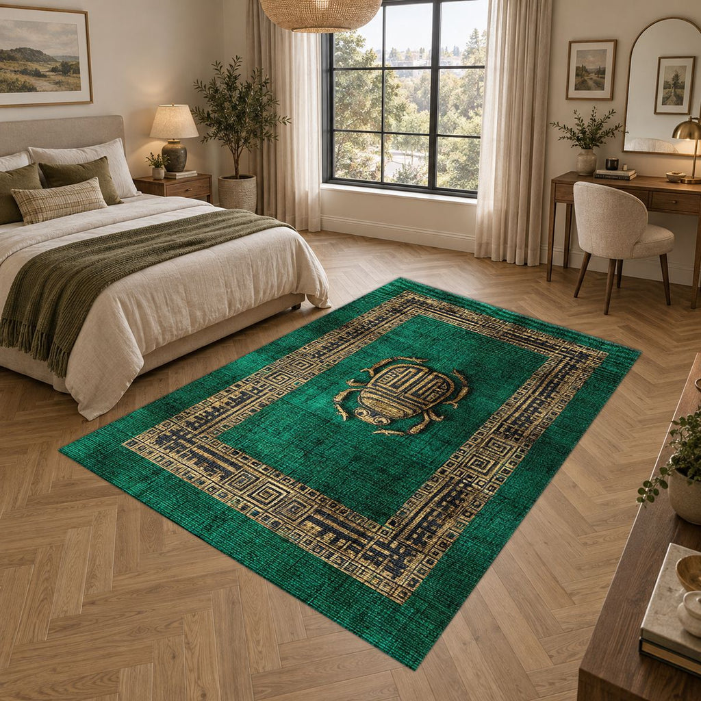 Emerald Scarab Minimalist Greek Key printed area rug