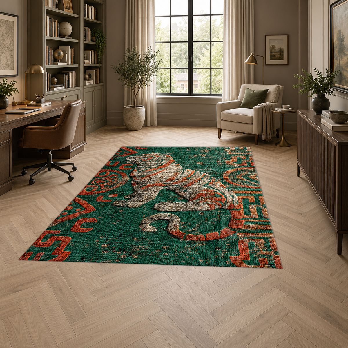 Teal Tiger Folk Art printed area rug