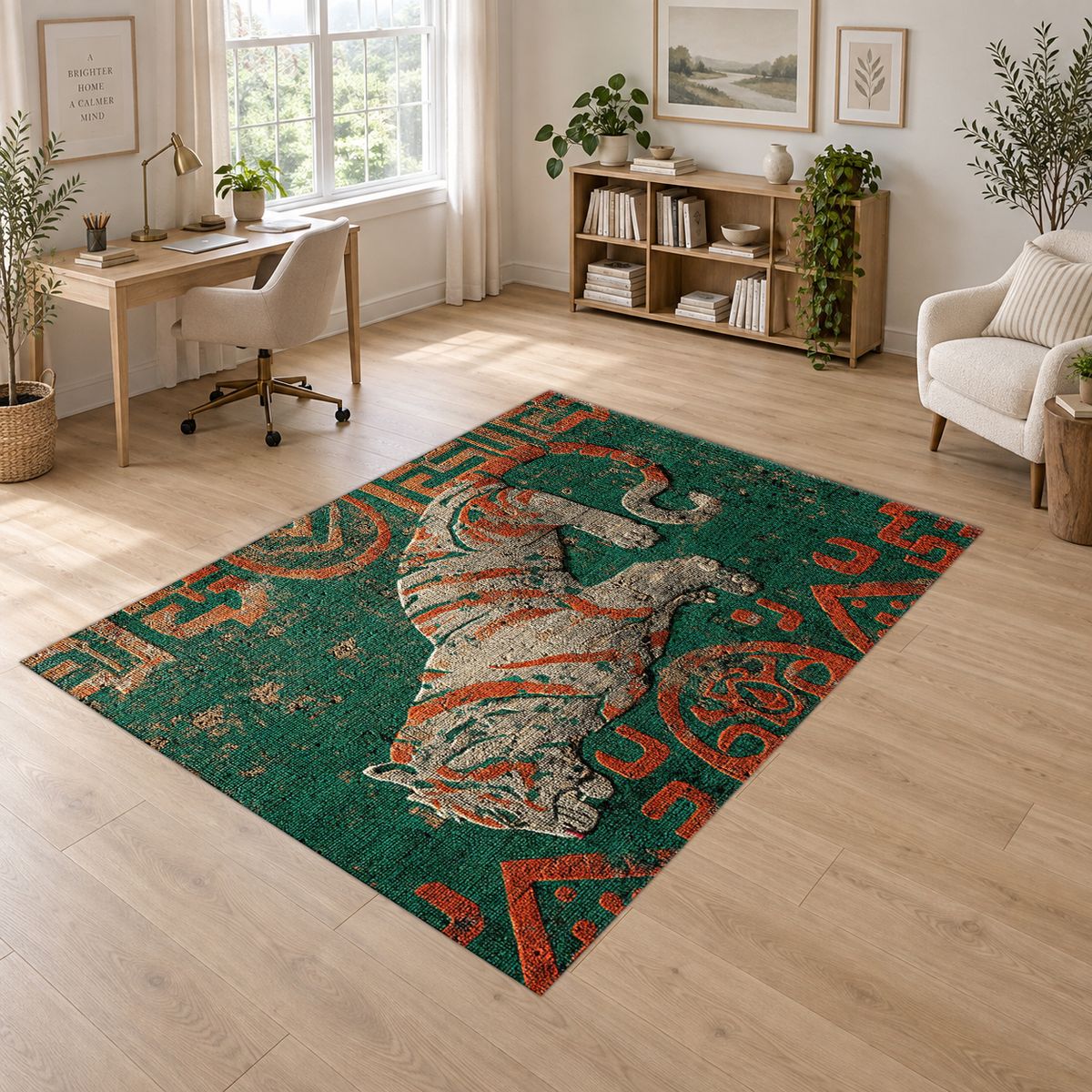 Teal Tiger Folk Art printed area rug