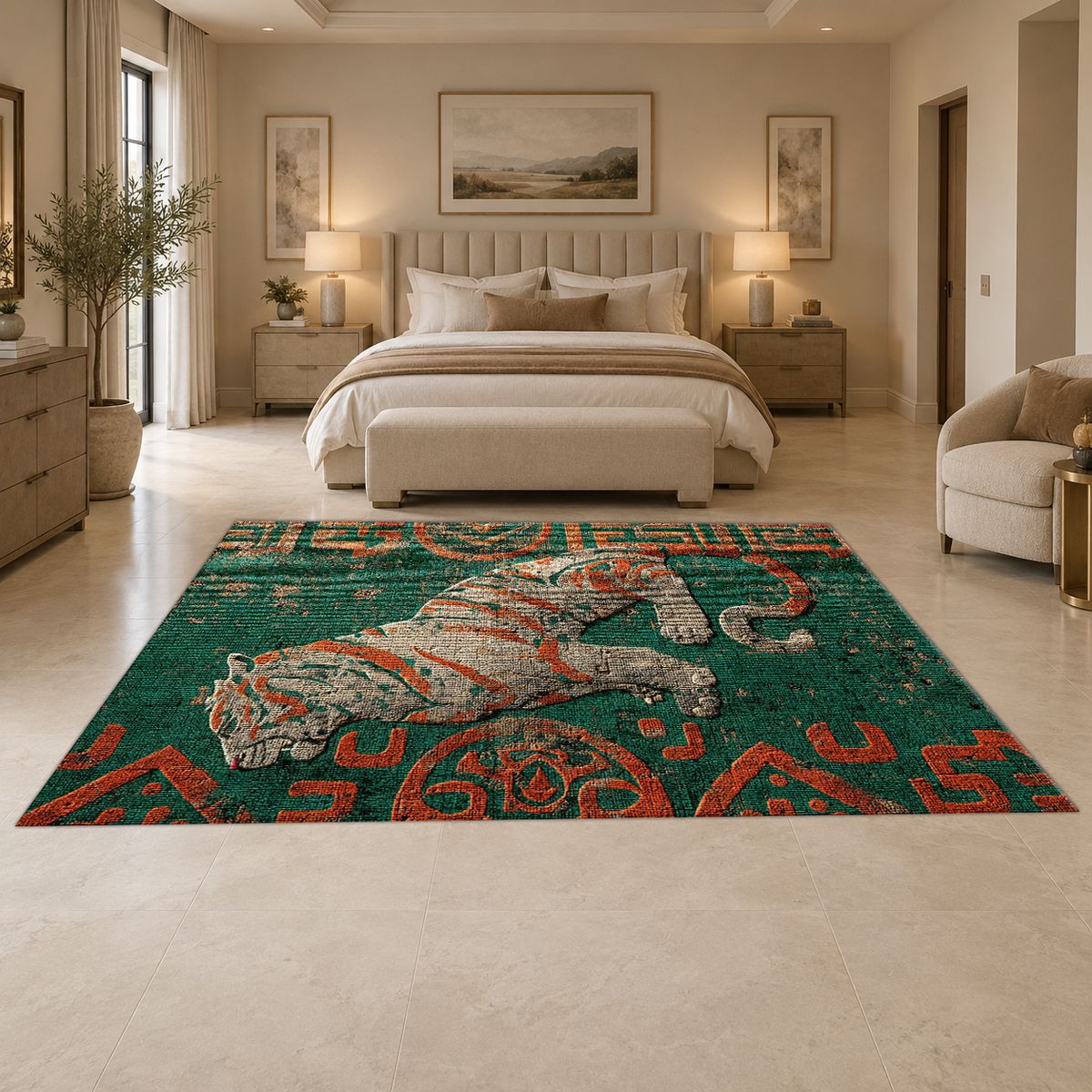 Teal Tiger Folk Art printed area rug