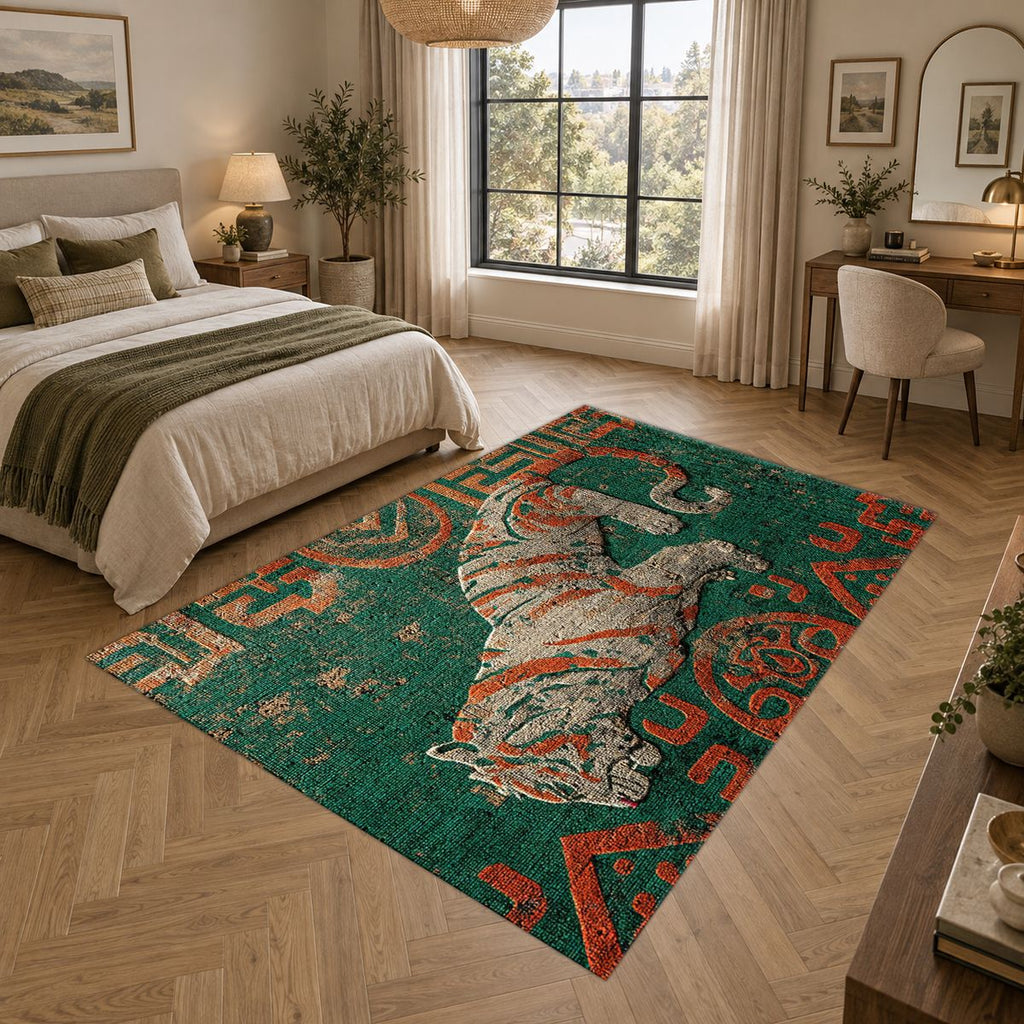 Teal Tiger Folk Art printed area rug