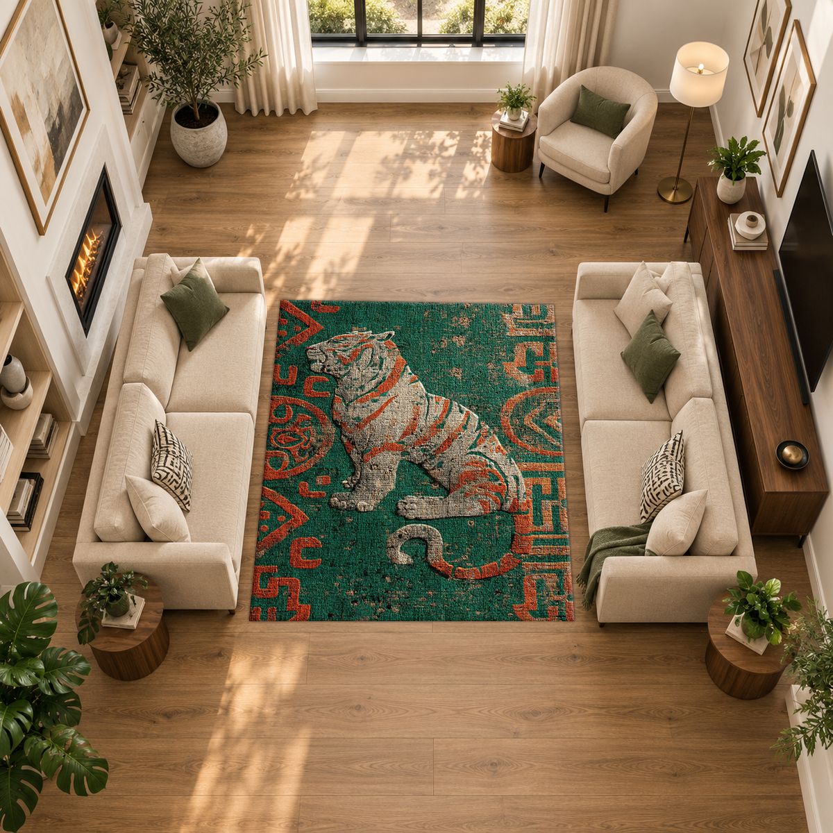 Teal Tiger Folk Art printed area rug