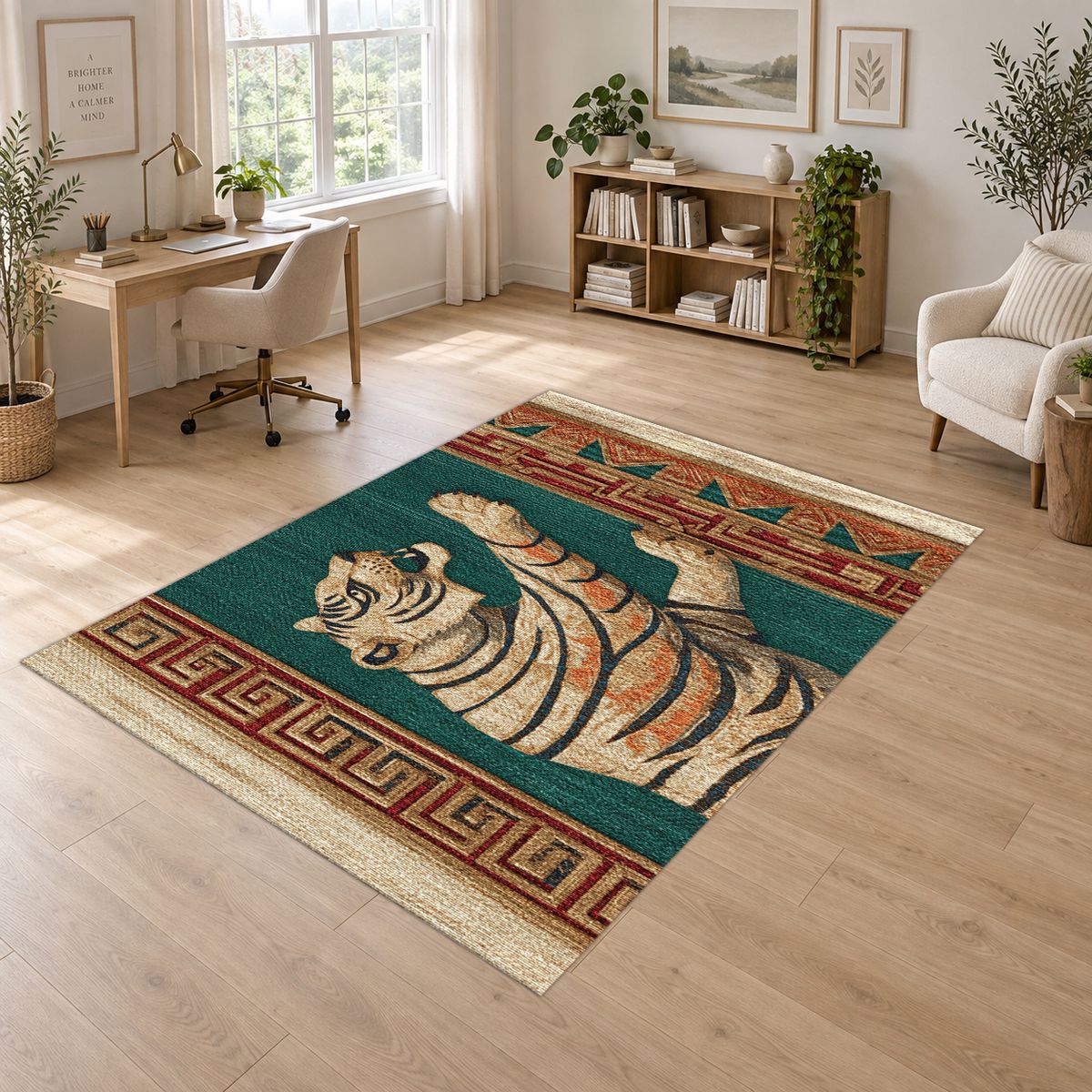 Green Walking Tiger Tribal Border printed area rug