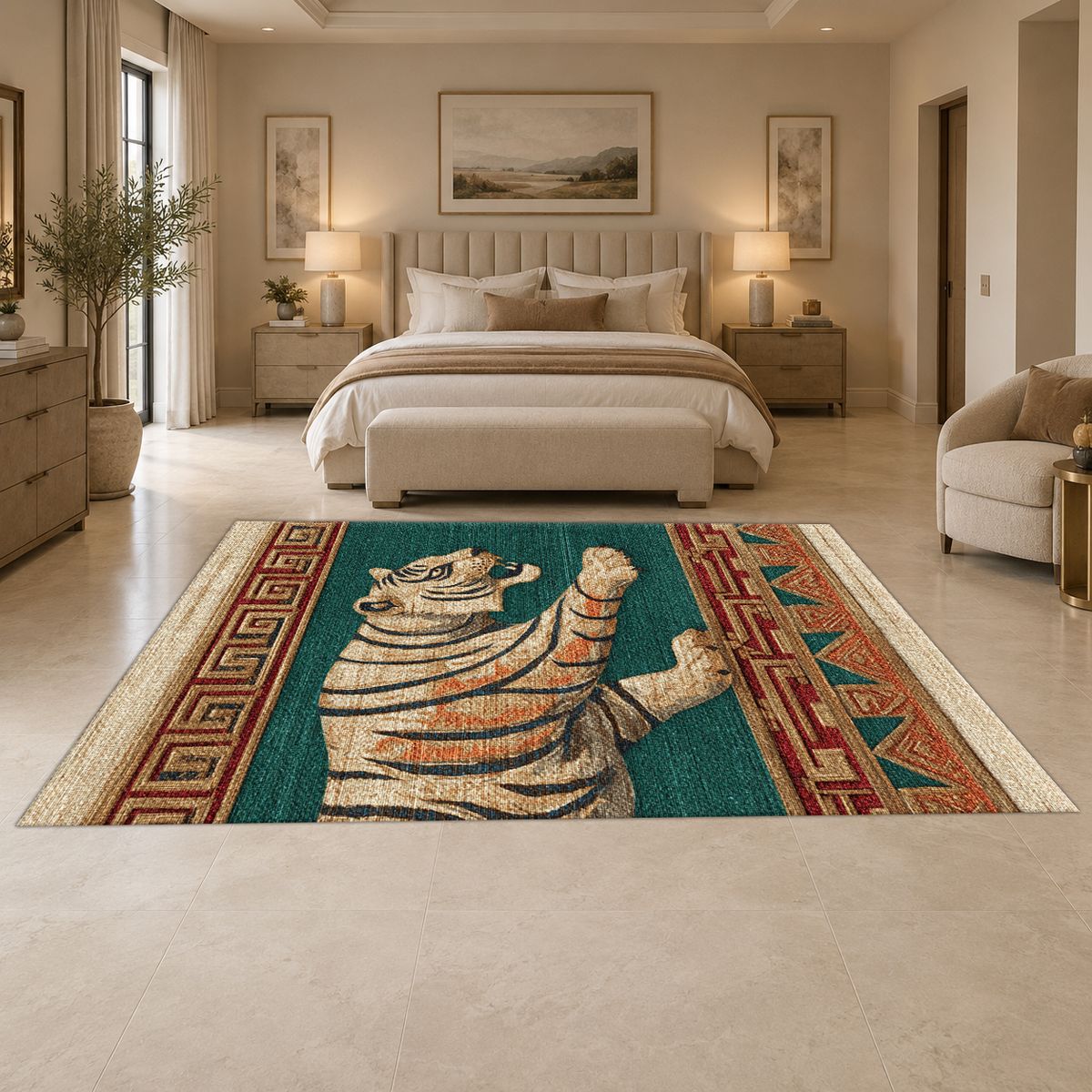 Green Walking Tiger Tribal Border printed area rug