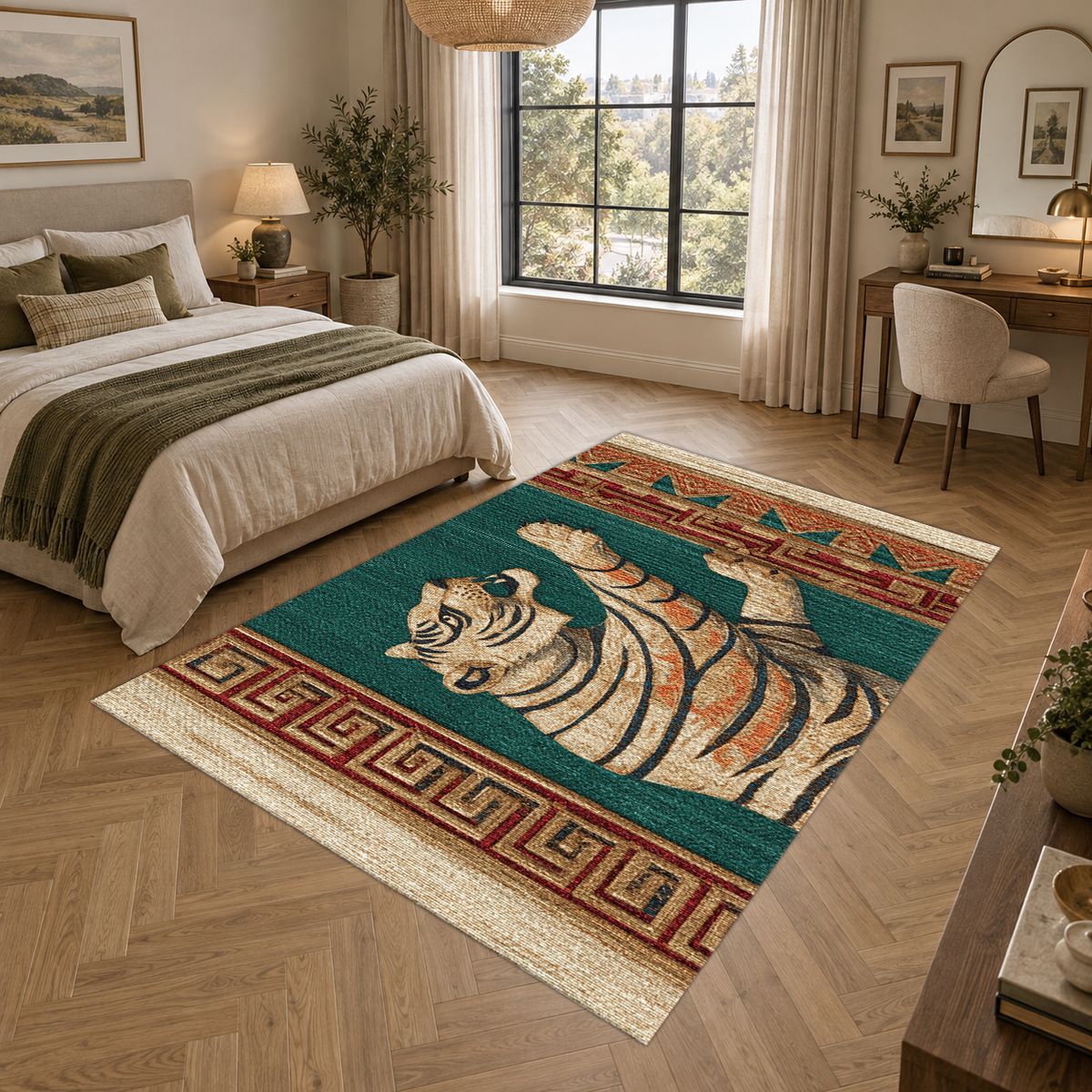Green Walking Tiger Tribal Border printed area rug