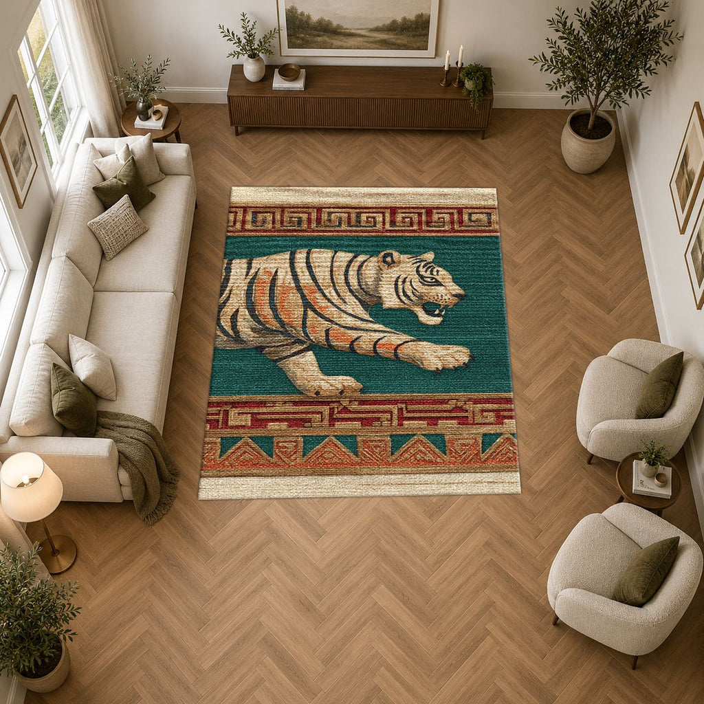 Green Walking Tiger Tribal Border printed area rug