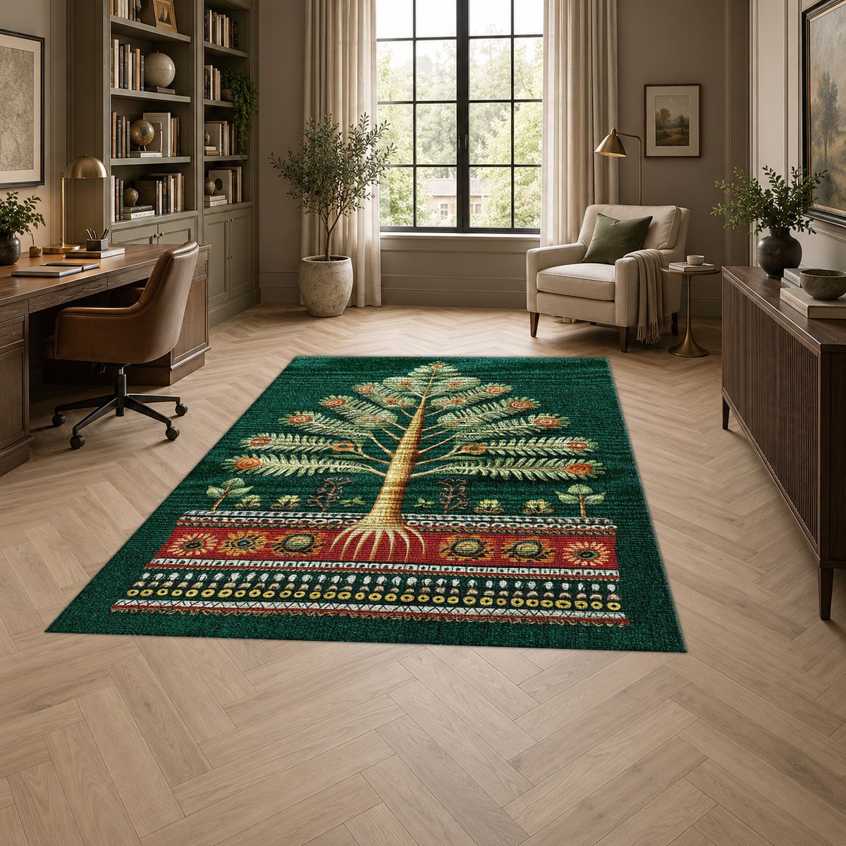 Emerald Tree of Life Folk Art printed area rug