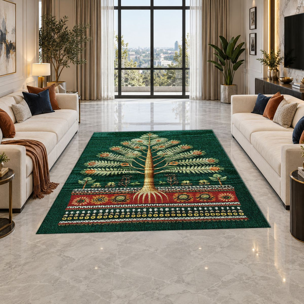 Emerald Tree of Life Folk Art printed area rug