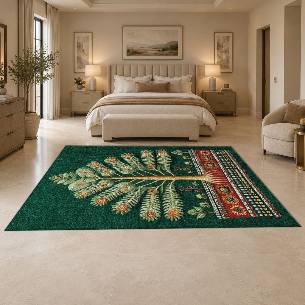 Emerald Tree of Life Folk Art printed area rug