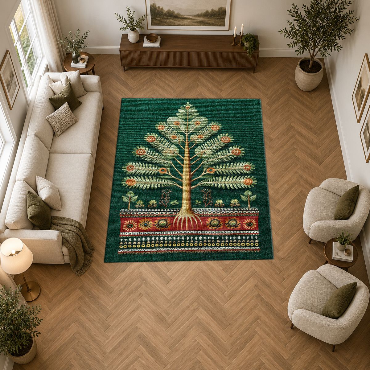 Emerald Tree of Life Folk Art printed area rug