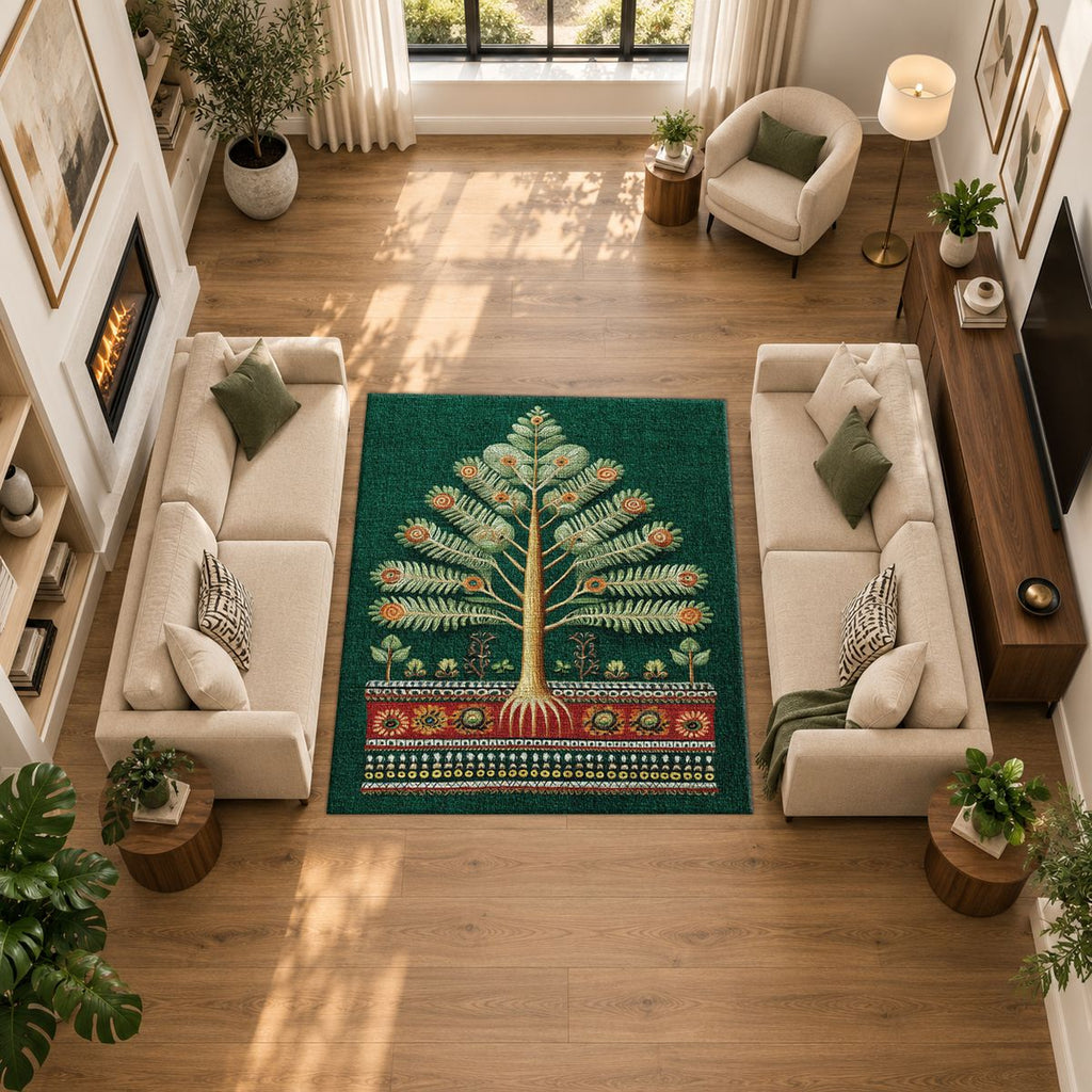 Emerald Tree of Life Folk Art printed area rug