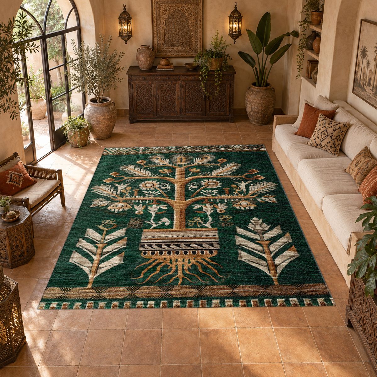 Teal Tree of Life Botanical printed area rug