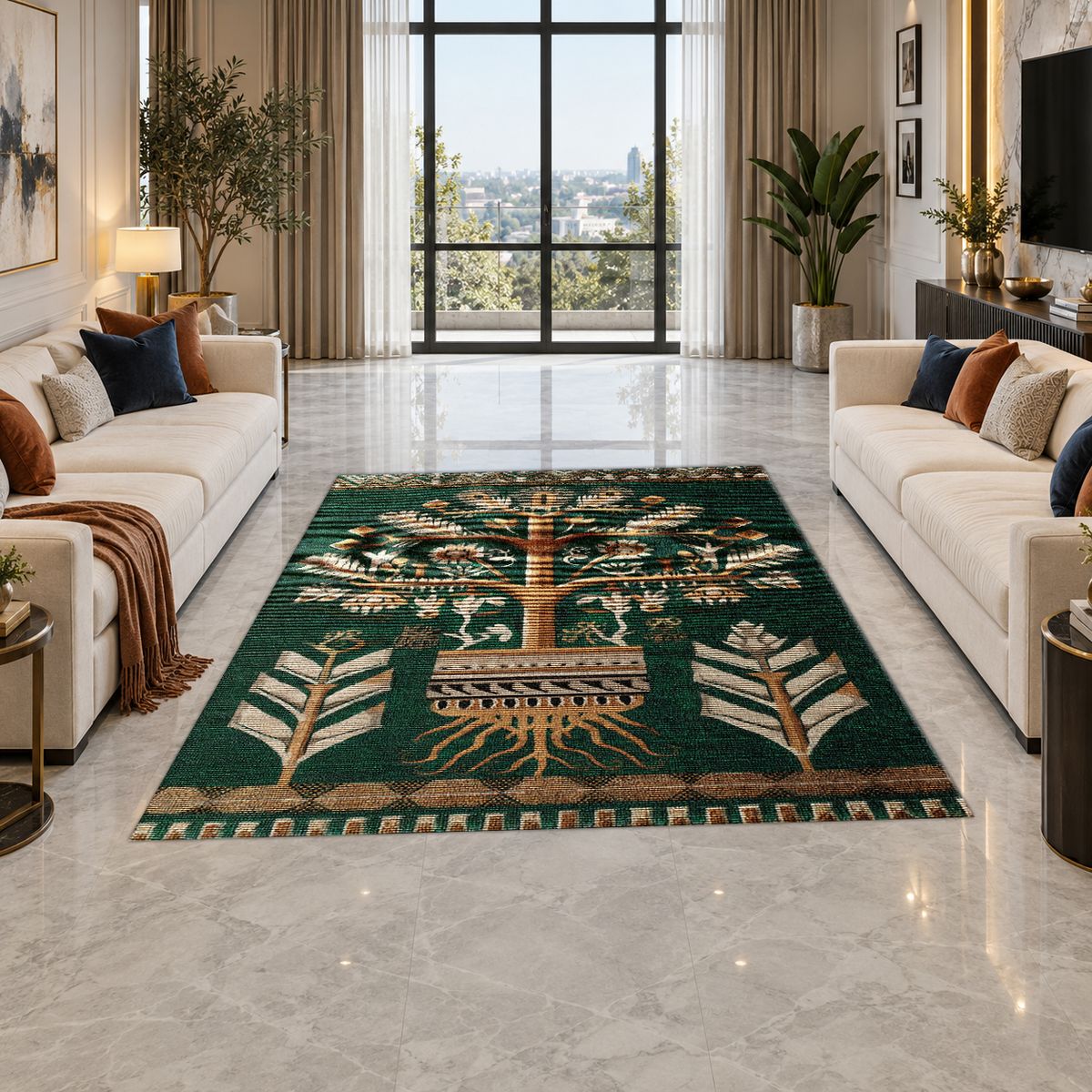 Teal Tree of Life Botanical printed area rug