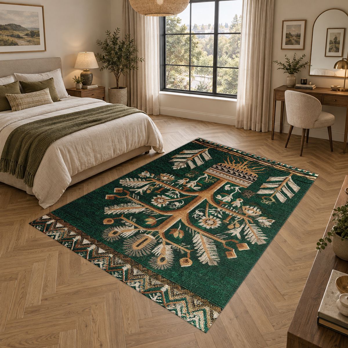 Teal Tree of Life Botanical printed area rug