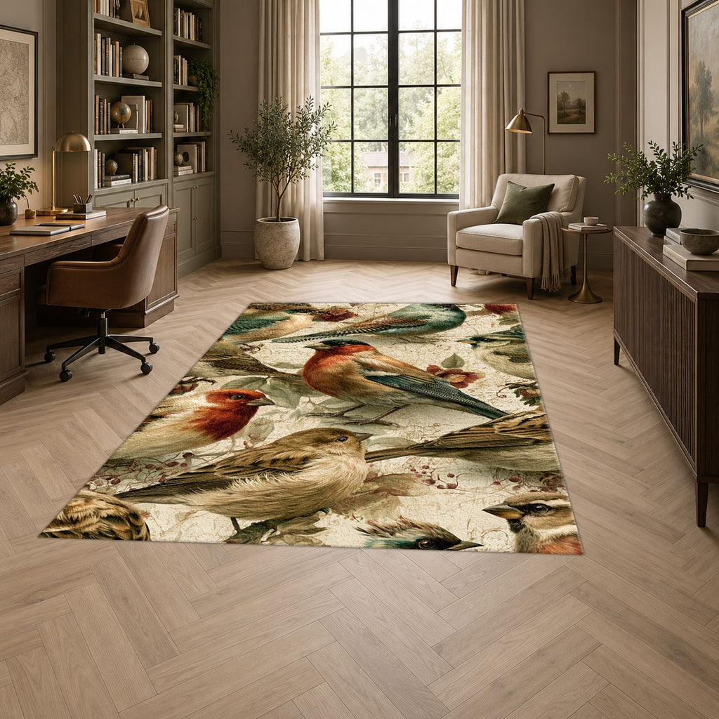 Cream Vintage Songbird Pattern printed area rug