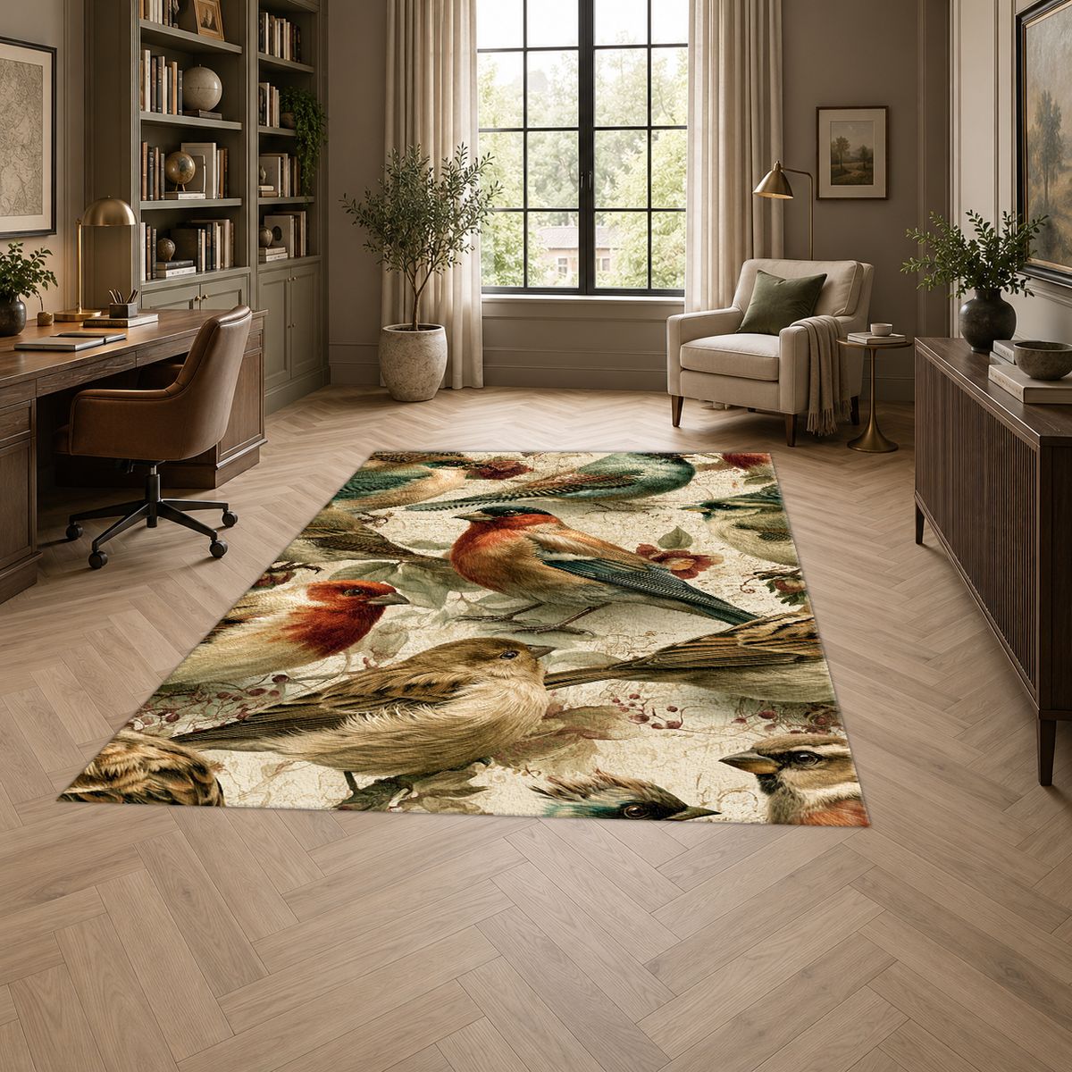Cream Vintage Songbird Pattern printed area rug