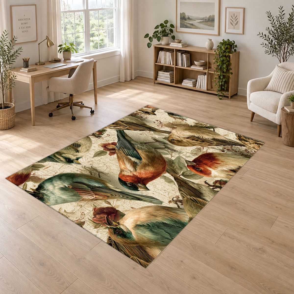 Cream Vintage Songbird Pattern printed area rug