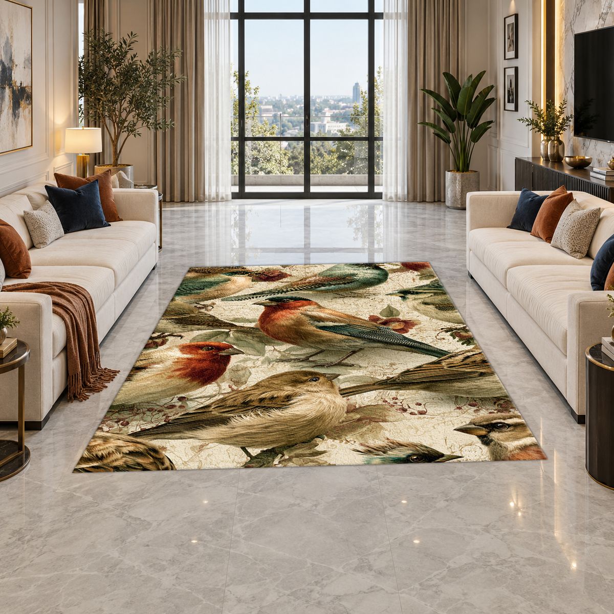 Cream Vintage Songbird Pattern printed area rug